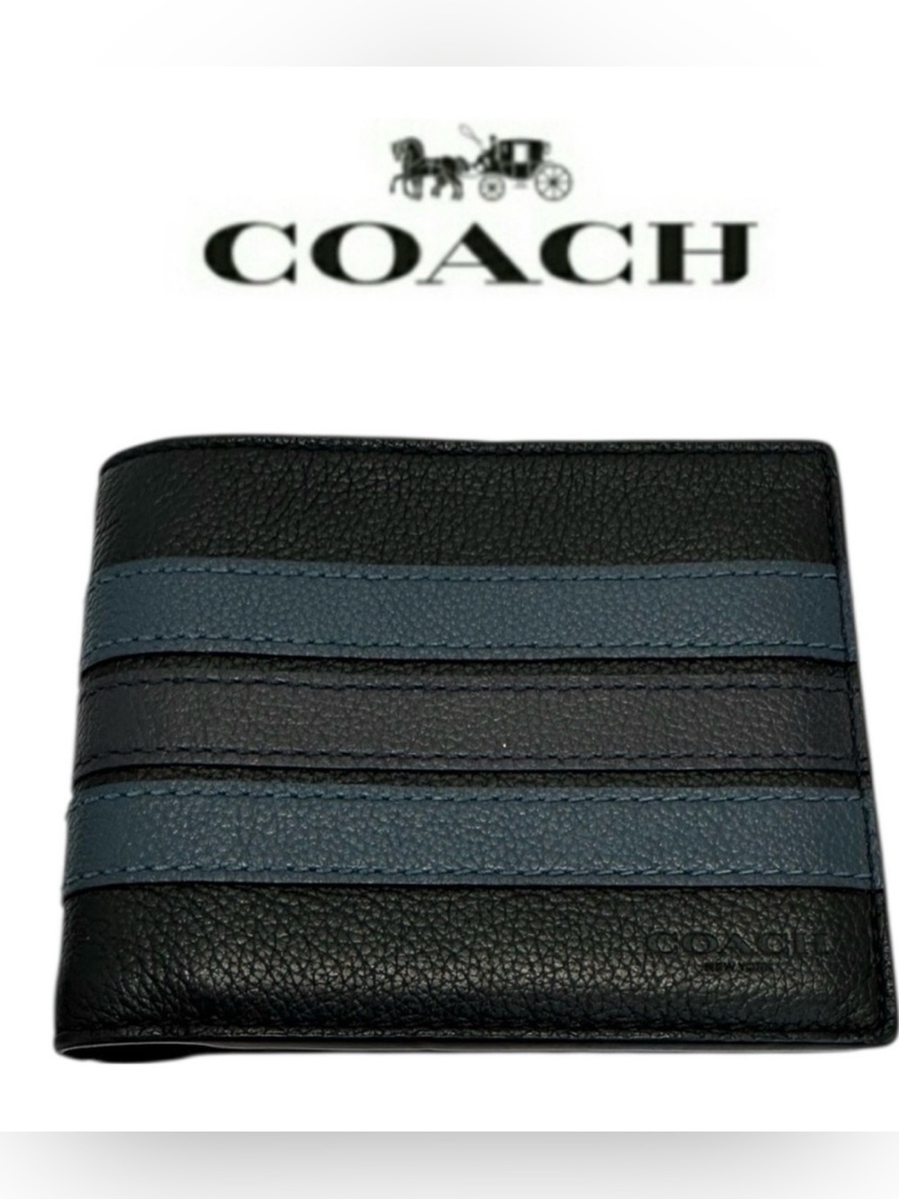 COACH Men’s Slim Billfold Wallet Varsity Stripe Leather Black Denim Navy NWOT